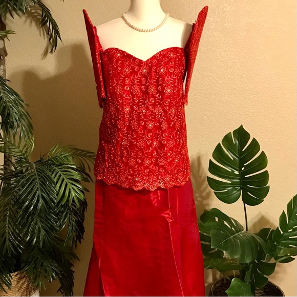 Dresses & Skirts - Red Lace Filipiniana 2 pieces Terno Gown with red Taffeta A-line Skirt